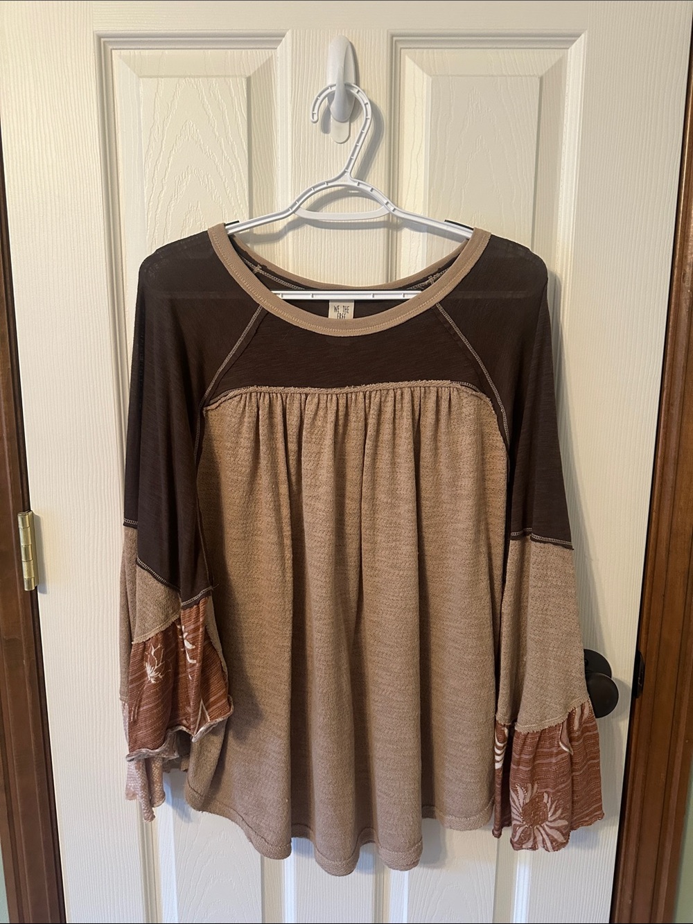 We The Free Mixed-Media Bell Sleeve Top in Brown and Tan